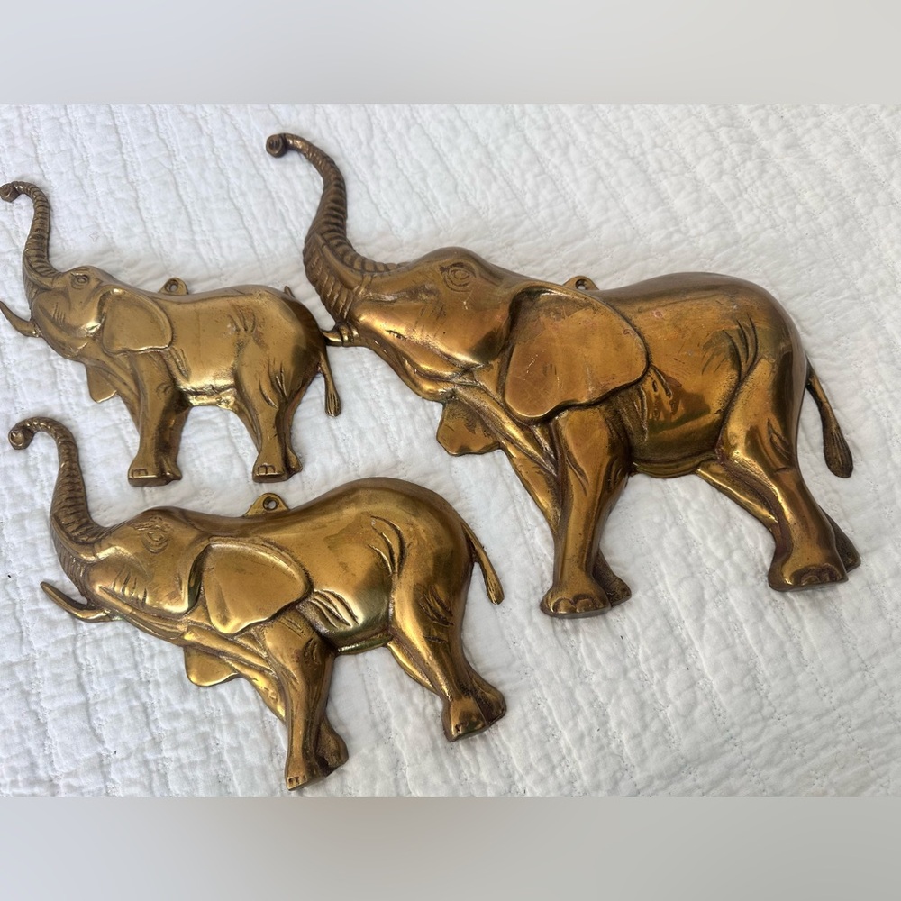 Vintage Luxford Gifts Brass Elephant Wall Hangings Set Made in Korea